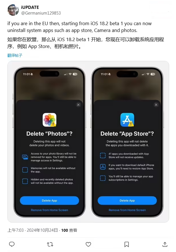 禄劝苹果手机维修分享iOS 18.2 支持删除 App Store 应用商店 