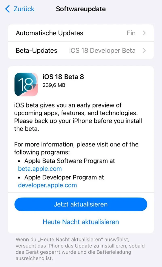 禄劝苹果手机维修分享苹果 iOS / iPadOS 18 开发者预览版 Beta 8 发布 